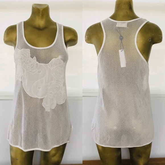 NWT ELEVEN PARIS Unique White Mesh With Floral Appliqué TANK TOP XS - Picture 6 of 8